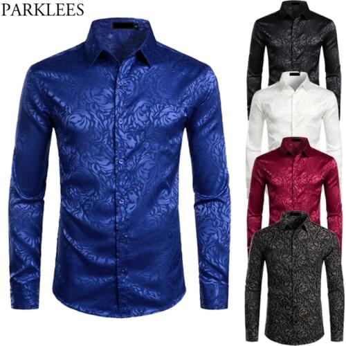 Floral White Men Shirt Long Sleeve Fashion Comfortable Men Dress Shirts Wedding Party Button Up Shirt Mens Daily Streetwear Male