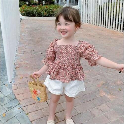 2021 New Summer Girls' Top Floral U-neck Middle Sleeve Baby T-shirt