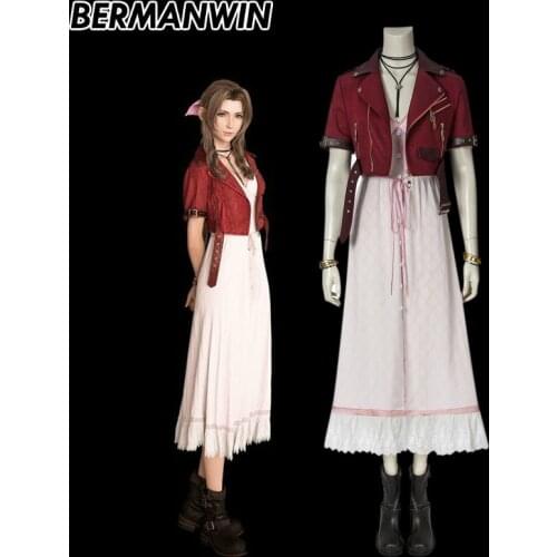 BERMANWIN PS4 Game Final Fantasy VII Costume FFVII FF7 Aerith Gainsborough Cosplay Jacket Dress Adult Halloween Outfit Costume