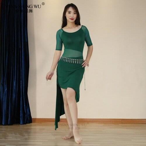 Bellydance Outfit Sexy Mesh Oriental Belly Dance Practice Show Skirt Black Half Sleeve Women Belly Dance Waist Belt Modal Dress