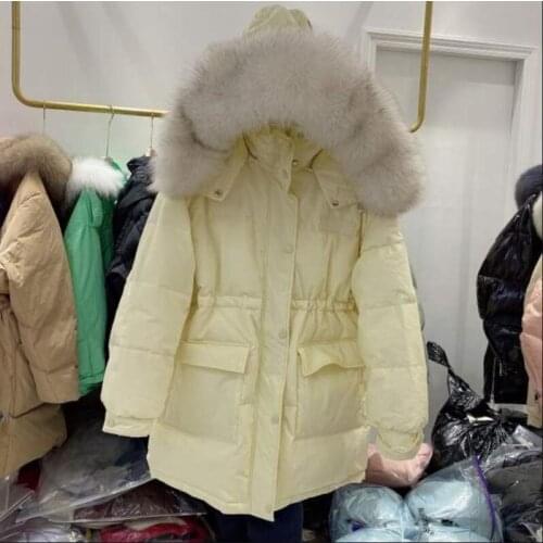 2021 Large Natural Raccoon Fur Winter Womens Jacket Warm Down Jacket Hooded Windproof Parkas 90% White Duck Down Coat