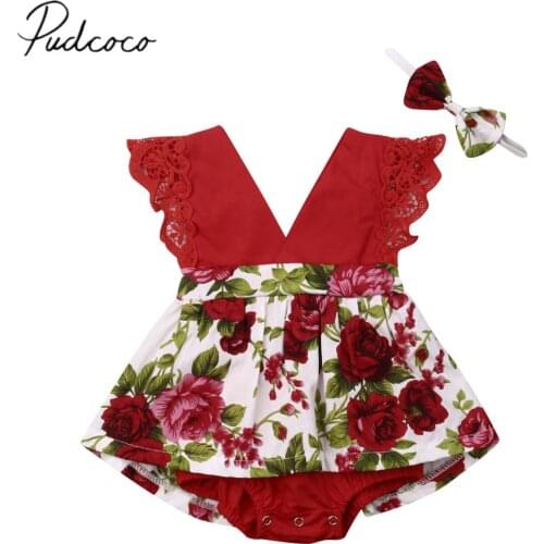 2019 Baby Summer Clothing Infant Baby Girls Floral Bodysuit Dress Sleeveless Lace V-Neck Ruffles Jumpsuit Headband Outfits