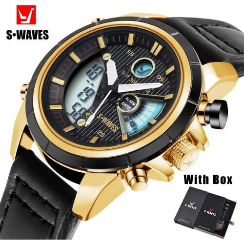 SWAVES Digital Analog Watch Men Unique Quartz Alarm Clock Relogio Masculino Sports Leather Waterproof Wristwatch Mens With Box