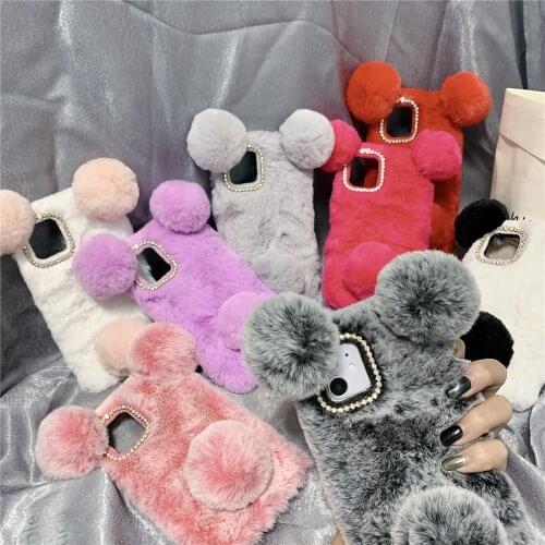 Fluffy Plush panda Phone Case For 12PRO MAX 11 6 6S 7 8 Plus X XR XS MAX Soft Warm Fur Hairy Rhinestone Cute Phone Cover