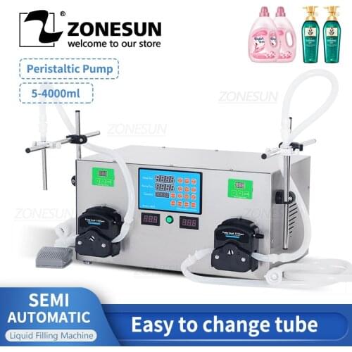 ZONESUN Desktop Semi-automatic Double Nozzles Liquid Gel Beverage Perfume Filling Machine Peristaltic Pump Water Filler 4L