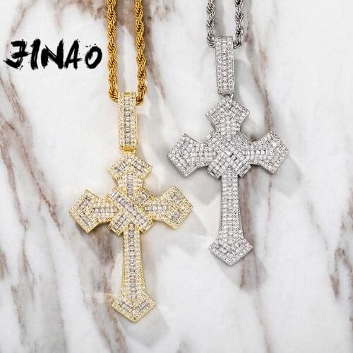 JINAO NEW HIP HOP High Quality Personality Iced Out AAA+Rectangle CZ Cross Penadant Necklace Men and Women Jewelry For Gift