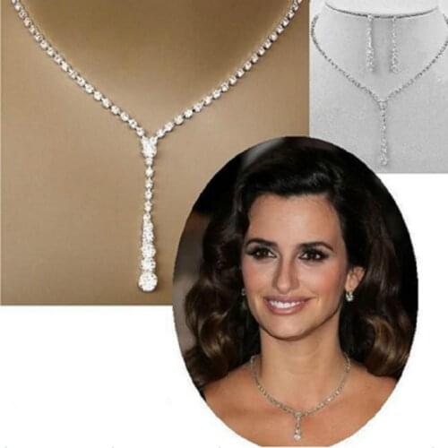 Silver Plated Celebrity Style Tennis Drop Crystal Necklace Earrings Set Bridal Bridesmaid Wedding Jewelry Sets