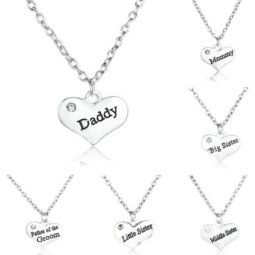 Family Series Jewelry Love Heart Crystal Pendant Chain Necklace Gift For Love Mom Mommy Daddy Sister Grandma Believe Friends