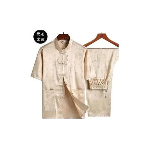 Silk Tang Mens middle-aged clothes summer Casual Short Sleeve trousers two-piece set