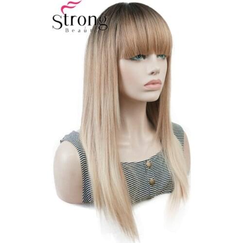 StrongBeauty Long Straight Ombre Blonde Color Swept Bangs Full Synthetic Wig COLOUR CHOICES