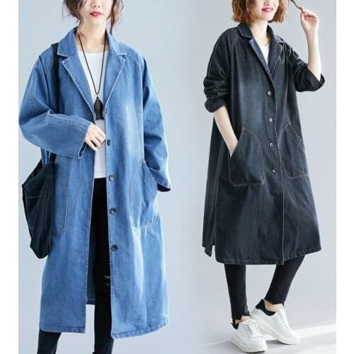 2020 NEW Spring Summer Long Trench Coat Korean large pocket Denim Windbreaker Womens Vintage Lapel Overcoats b435