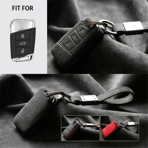 Suede Leather Remote Start Car Key Case Protector Holder Auto Accessories Cover For VW B8 Passat Arteon Skoda Superb 2016-2020