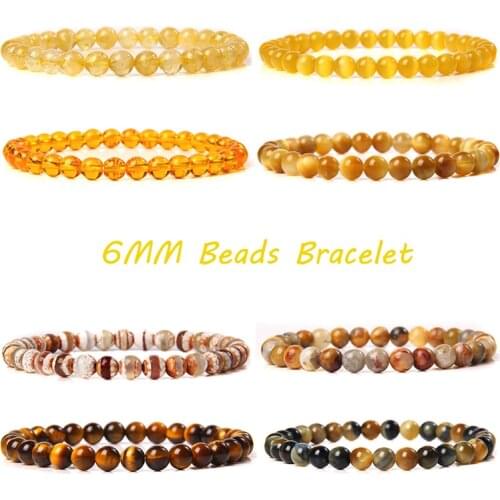 Yellow Brown 6MM Natural Stone Bracelet Tiger Eye Bracelets For Men Women Citrines Jades Strand Beads Bangles Meditation Jewelry