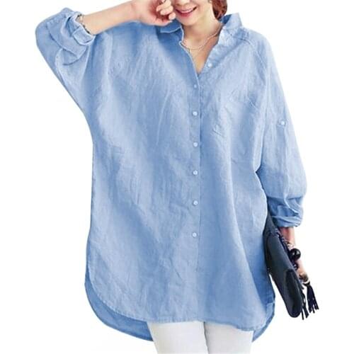 Women Casual Loose Cotton Linen Blouse Office Lady OL Elegant Long sleeve Shirt Tops Blue XXL