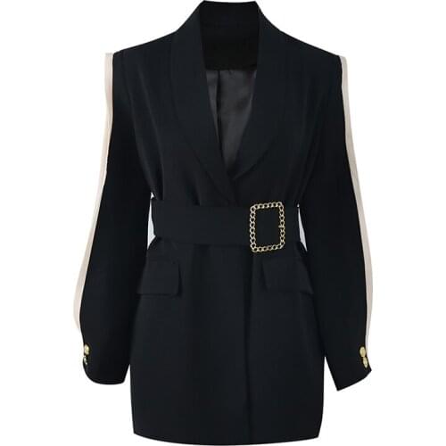 VSUE Women Black Patchwork Pocket Sash Button Chiffon Mesh Long Sleeve Shawl Collar Blazer Oversize C0183