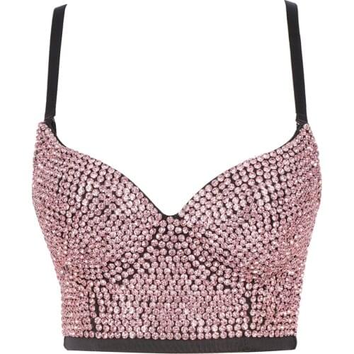 New 2021 Rhinestone Sexy Top Nightclub Shines Female Crop Top Women Off Shoulder Camis Tops With Built In Bra Push Up Bralette