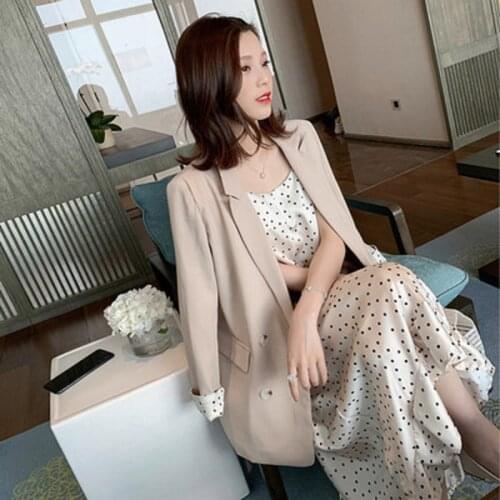 2021 New Small Fresh Wave Point Suspender Dress Womens Long Skirt With Double Breasted Fashionable Temperament Suit Coat
