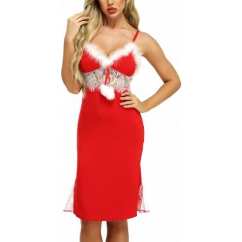 Women Christmas Slip Dress Spaghetti Strap Fur V-neck Lace Patchwork Costume with Pompoms