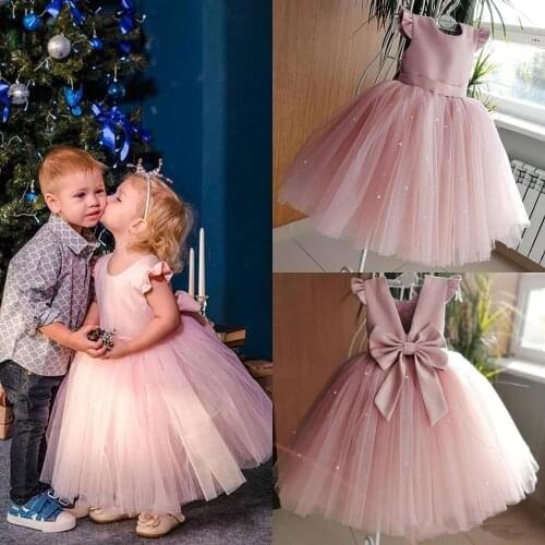 2019 Pink Flower Girls Dresses Cape Sleeve Backless Cover Bow Pearls First Communion Dresses Custom Made Girls