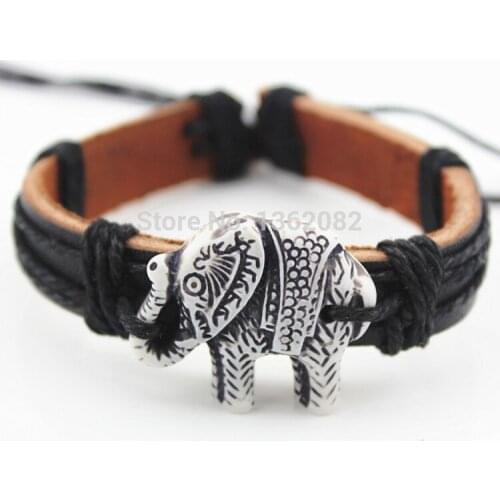 Lucky Handmade Imitation Bone Carved Lucky Elephant Leather Bracelets Gift MB111