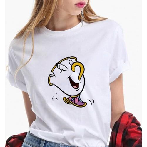 Disney Princess Beauty and the Beast Mrs.Potts Print T Shirt Summer Short Sleeve Casual White O-neck Tshirts Kawaii Female Tops