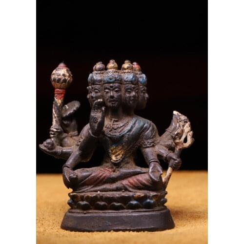 Collection of bronze wares engraved with color paintings depicting the Holy Buddha Buddha statue with ten hands and five heads