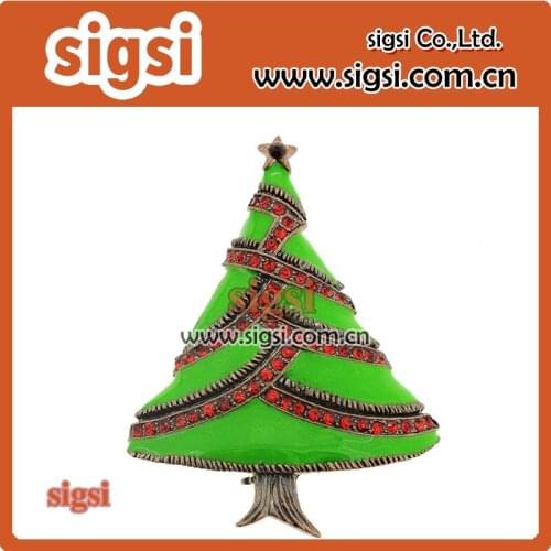 Pretty red crystal rhinestone brooch green enamel christmas tree bin jewelry