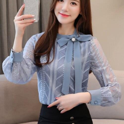 Lace Blouse Shirts New 2021 New Long Sleeve Transparent Womens Clothing Bow O Neck Top Loose Blusa Feminina Chiffon Shirt 803i