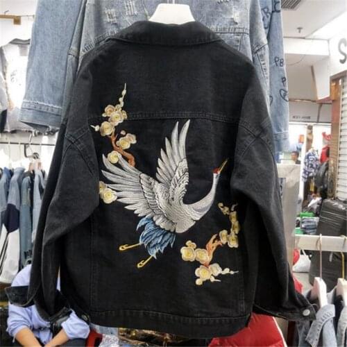 Heavy Work Embroidery Loose Denim Coat Women Spring Autumn 2021 Casual Vintage Black Long sleeve Jeans Jacket Female Basic Coat