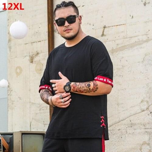 Plus size summer Chinese style tide brand oversized loose 8XL cotton linen round neck short sleeve t-shirt male