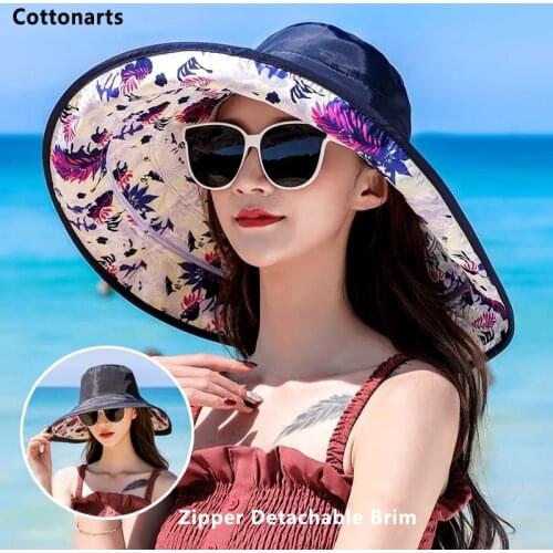 Women Zipper Detachable Brim Bucket Hat Fashion Portable and Foldable Sun Hat for Female Travel Beach Double-Sided Fisherman Hat