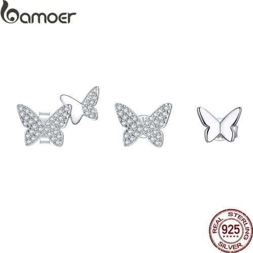 Bamoer 1pc Single Butterfly Earrings for Women 925 Sterling Silver Jewelry Dazzling CZ Ear Studs Piercing Jewelry SCE1068