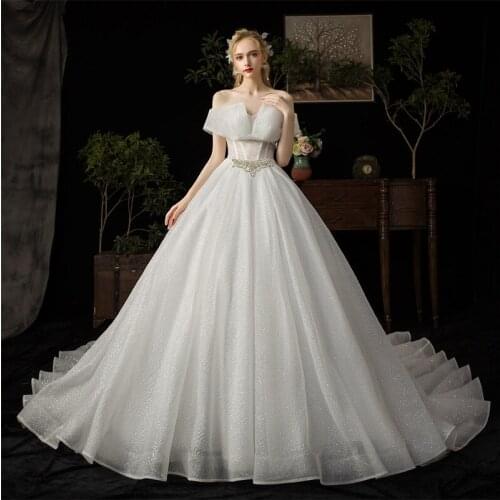 Wedding Dresses Illusion Strapless Tulle Lace Crystal Sequined Off The Shoulder Floor-Length Vintage White Lady Bride Gown GB046