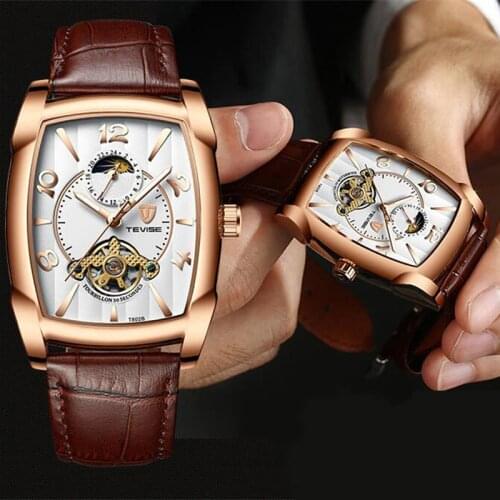 TEVISE Brand Antique Leather Watch Vintage Male Wrist Watch Fashion Unisex Automatic Mechanical Men Watch Relogio Rose gold case