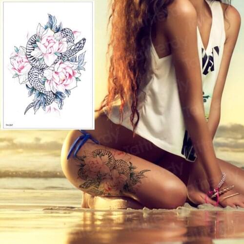 Temporary tattoos for women leg shoulder tattoo rose and snake tattoo fake water transfer tattoo watercolor body art thigh tatto