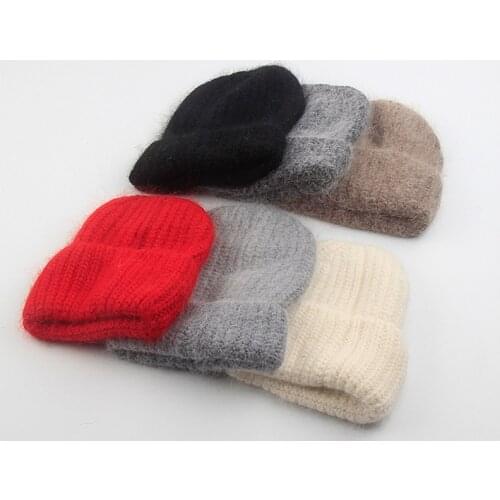Women knitted Winter Hat Female Warm 50% Rabbit Fluff Beanie Girl Solid Bonnet Femme Skullies Beanies Soft Hats For Women Caps