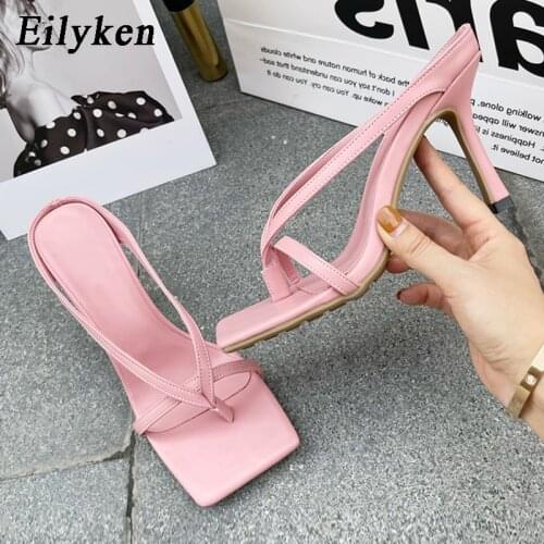 Eilyken New Summer Women Slipper Thin High Heels Fashion Narrow Band Ladies Sandals Casual Outdoor Beach Vacation Flip Flops