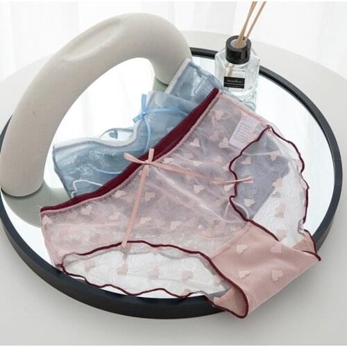 Women Sexy Lace Panties Briefs Bow Heart Shape Embroidery for Female Ultra-thin Transparent Breathable Underwear Cute Lingerie