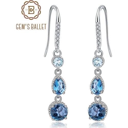 GEMS BALLET Topaz Jewelry 925 Sterling Silver Elegant Brincos Natural London Blue Topaz Dangle Earrings for Women Wedding