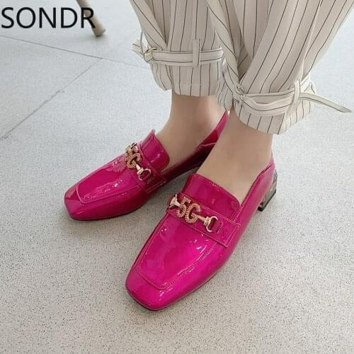 Womens Low Heel Patent Leather 5G Rhinestones Decor Loafer Square Toe Casual Shoes New Slip on OL Career Fashion 2Colors New