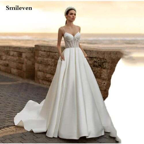 Smileven Glitter Princess Wedding Dresses Spaghetti Straps Bride Gown Backless Satin Wedding Gown Vestido de novia 2021