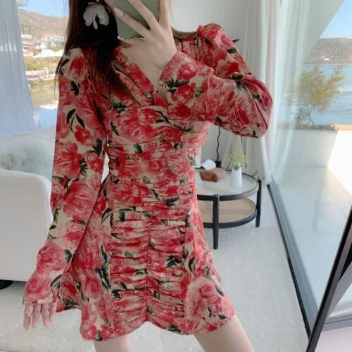 2021 Summer Runway Chiffon Dress Womens V-Neck Long Sleeved Flowers Print Folds High-Waisted Slim A-line Dress