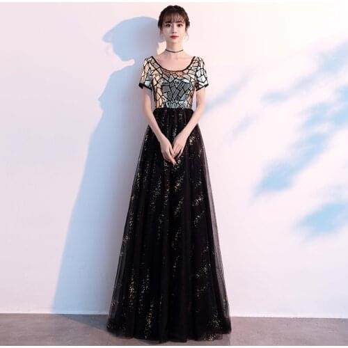 Evening Dress O-Neck Empire Short Sleeves A-Line Simple Lace Up Fashion Black Simple Floor-Length Woman Formal Party Gowns A1402