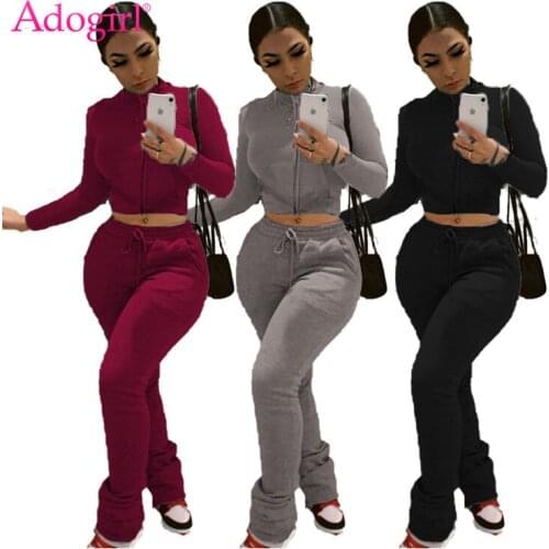 Adogirl S-3XL Women Solid Fleece Two Piece Set Home Tracksuit Turtleneck Zipper Long Sleeve Crop Top Stacked Pants Joggers Suit