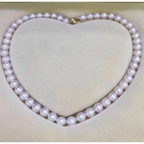 Free shipping noble jewelry classic 8-8.5mm Japanese Akoya round white pearl necklace 14k