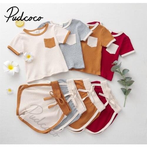 2021 Baby Summer Clothing Kids Baby 2-piece Ribed Outfit Set Short Sleeve Pocket Top+Shorts Set for Children Boys Girls