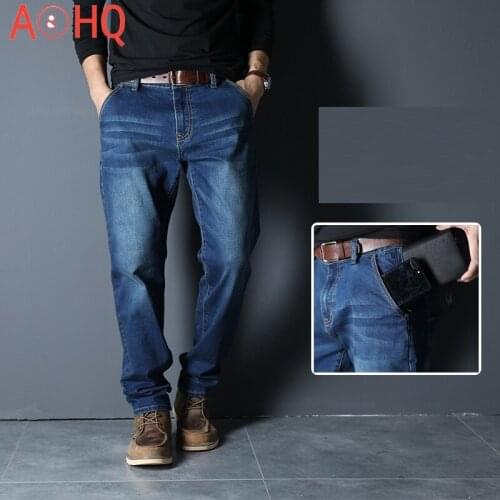 Zipper Anti-theft Pockets Denim Jeans Men Straight Loose Stretch WAutumn Mens Jeans Big Size Big Size 42 44 46 48 black