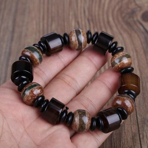 Glossy round cylinder brown black onyx semi precious stone beads beaded tibetan buddhism beads energy bracelet for man