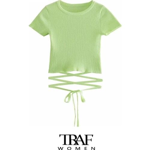 TRAF Za Women Fashion With Tied Ribbed Knit Crop T Shirt Vintage O Neck Short Sleeve Female Tops Mujer