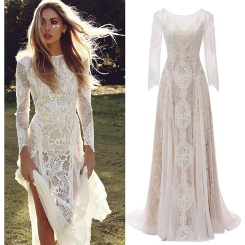 Floor Length Lace Appliques Sweep Train Long Sleeve V-Neck Wedding Dress Backless Backless Bridal Gowns Stunning High Quality